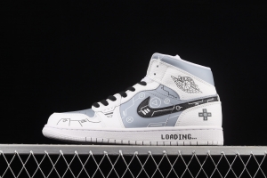 Air Jordan 1 Mid black-and-white gray video game graffiti customized Zhongbang basketball shoes 554724-130