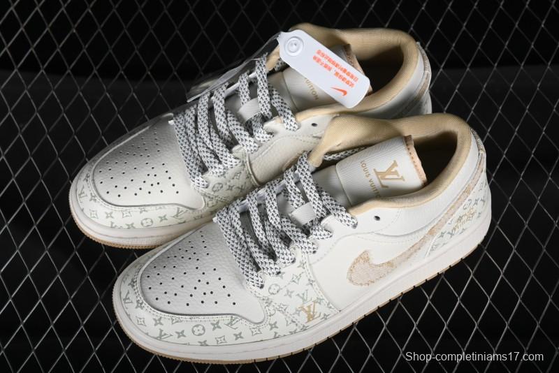 Nike Air Jordan 1 Low AJ1 Louis Vuitton Print Khaki Custom High-End Low-Top Basketball Shoes - SJ9950-004