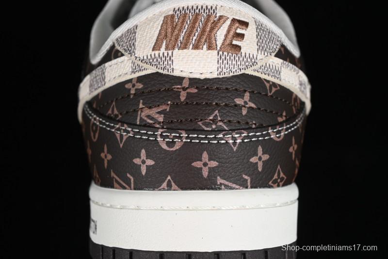 Nike SB Dunk Low LV Collaboration - Checkerboard Brown Monogram White Swoosh Anniversary High-End Custom Low-Top Casual Skate Shoes - SJ2068-255