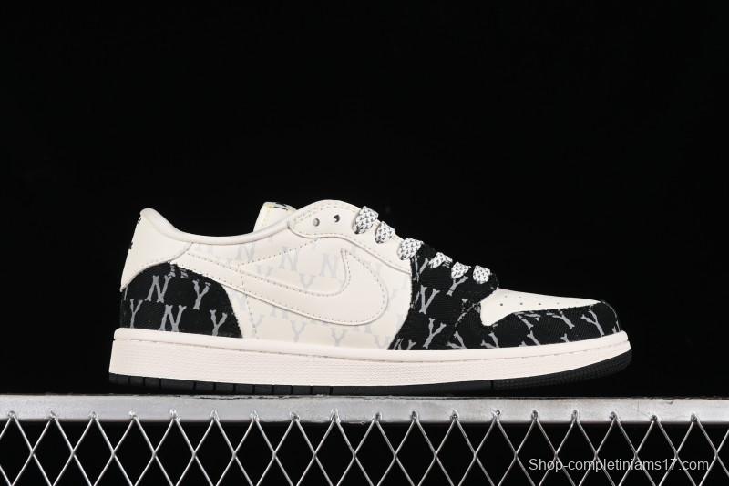 Nike Travis Scott x Fragment Design x Air Jordan 1 Low OG SP AJ1 MLB Collaboration - NY Black Print Low Top Casual Sneakers SJ2068-104