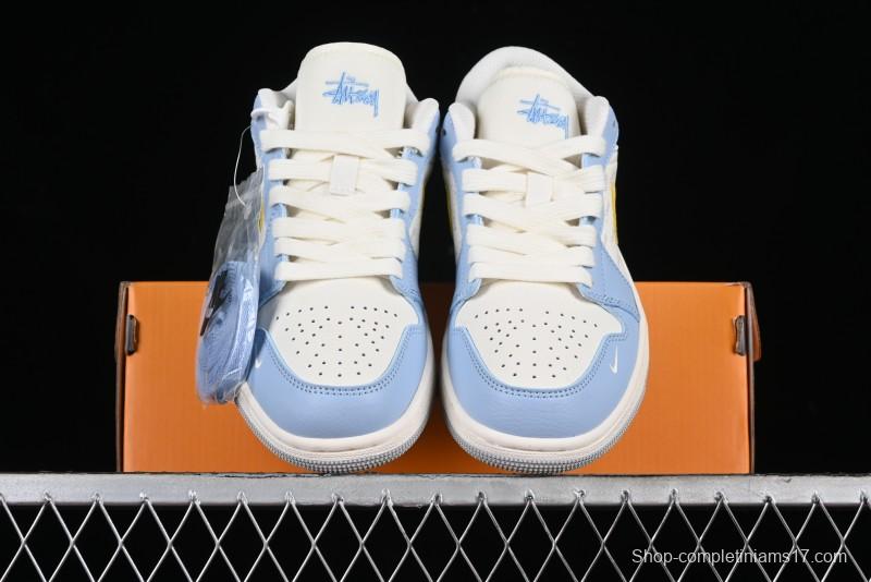 Nike Air Jordan 1 Low Stussy Collaboration - Blue Gold Custom High-End Basketball Shoes - WG8850-007