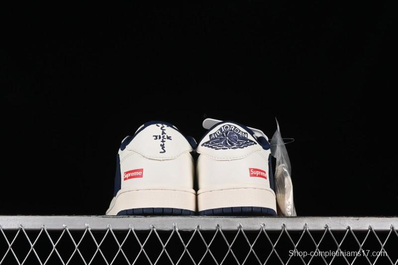Nike Travis Scott x Fragment Design x Air Jordan 1 Low OG SP AJ1 Supreme Collaboration - White Navy Blue Low Top Casual Sneakers - XZ116