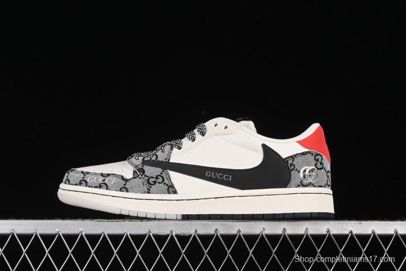 Nike Travis Scott x Fragment Design x Air Jordan 1 Low OG SP AJ1 Gucci Collaboration - Black Grey Pattern Low Top Casual Sneakers - XY2688-117
