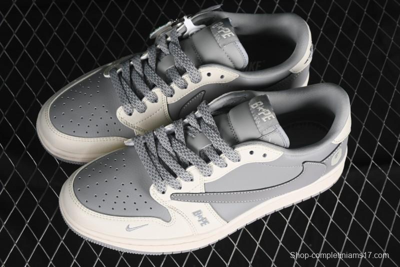 Nike Travis Scott x Fragment Design x Air Jordan 1 Low OG SP AJ1 Bape Collaboration - Moon Shadow Grey Low Top Casual Sneakers BB6511-625