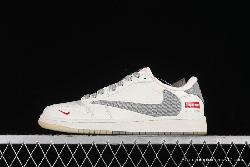 Nike Travis Scott x Fragment Design x Air Jordan 1 Low OG SP AJ1 Supreme Collaboration - Light Grey Denim Two-Tone Low-Top Casual Sneakers - JH6088-705