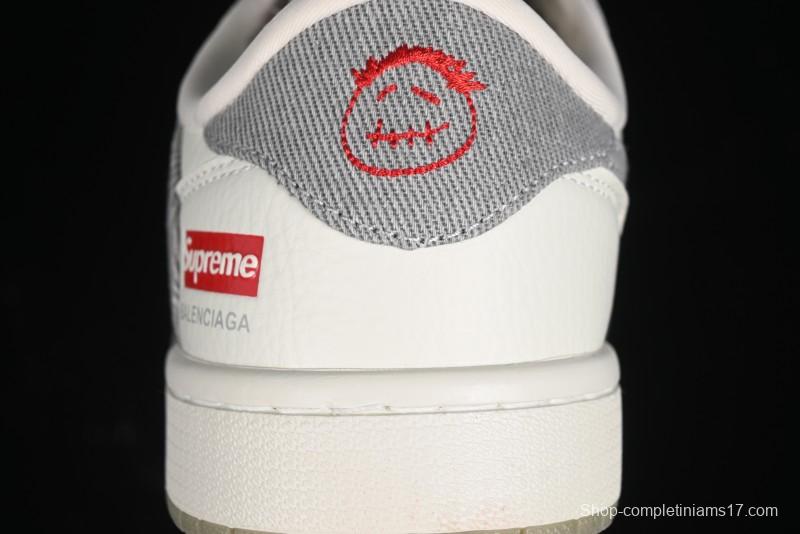 Nike Travis Scott x Fragment Design x Air Jordan 1 Low OG SP AJ1 Supreme Collaboration - Light Grey Denim Two-Tone Low-Top Casual Sneakers - JH6088-705