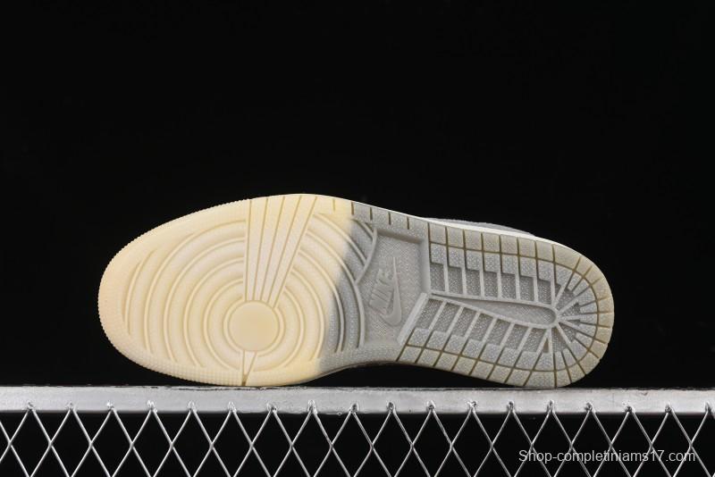 Nike Travis Scott x Fragment Design x Air Jordan 1 Low OG SP AJ1 Supreme Collaboration - Light Grey Denim Two-Tone Low-Top Casual Sneakers - JH6088-705