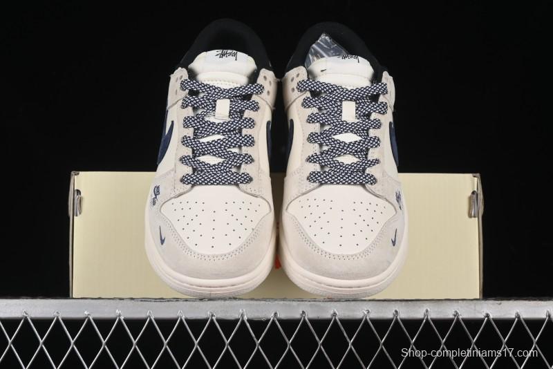 Nike SB Dunk Low Supreme x Stussy Triple Collaboration - Off White Navy Swoosh Anniversary Custom Low-Top Casual Sneakers - SJ2068-301