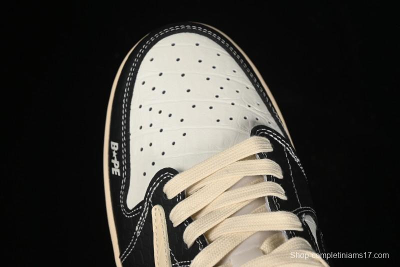 Nike Travis Scott x Fragment Design x Air Jordan 1 Low OG SP AJ1 Bape Collaboration - Crocodile Leather Black White Blue Low Top Casual Sneakers - XZ2828-001