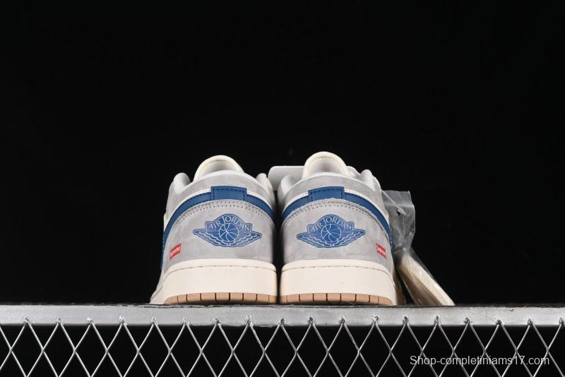 Nike Air Jordan 1 Low Supreme Collaboration - Retro Basketball Shoes in Blue and Gum Sole - SJ9950-022