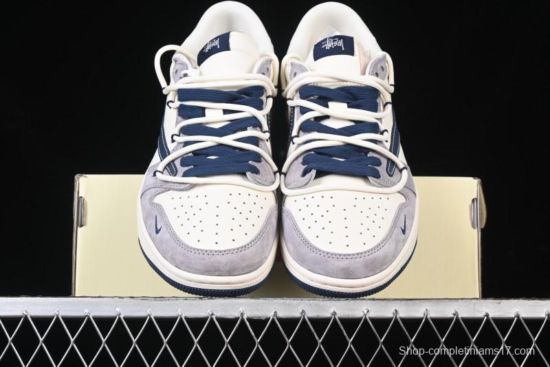 Nike Travis Scott x Fragment Design x Air Jordan 1 Low OG SP AJ1 Stussy Collaboration - Grey Blue Hook Lace Low Top Casual Sneakers - SJ0086-140