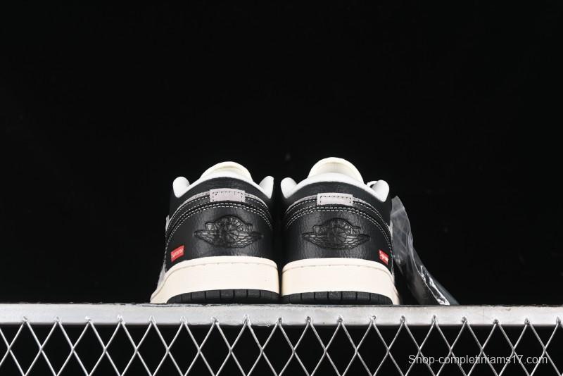 Nike Air Jordan 1 Low Supreme Collaboration - Black Grey Pigskin Two-Tone High-End Custom Retro Basketball Shoes - SJ9950-032