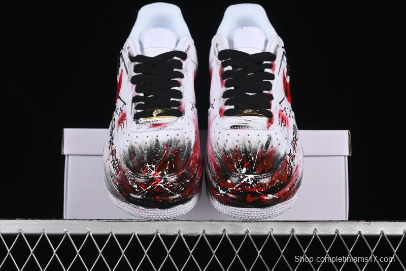 Nike Air Force 1 '07 Low Casual Sneakers with 2D Black and White Hand-Painted Blood Night Stitching Design - CW8822-011