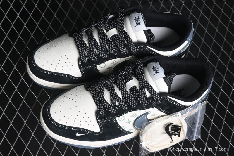 Nike SB Dunk Low Stussy Collaboration - Black White Print Anniversary Custom Low-Top Casual Sneakers - XX3168-212