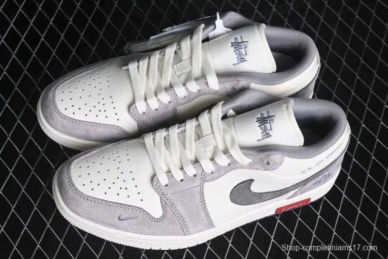 Nike Air Jordan 1 Low Stussy Collaboration - Grey White Dual-Tone Red Tag Retro Basketball Shoes - SJ9950-031