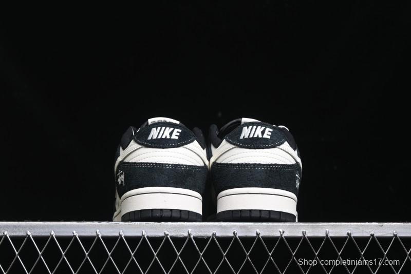 Nike SB Dunk Low Stussy Collaboration - Black White Mini Swoosh Anniversary Custom Low-Top Casual Skate Shoes - XY1688-017
