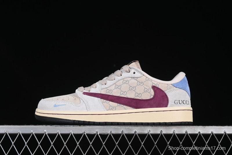 Nike Travis Scott x Fragment Design x Air Jordan 1 Low OG SP AJ1 Gucci Collaboration Low-Top Casual Sneakers with Pink Swoosh - CH6336-019