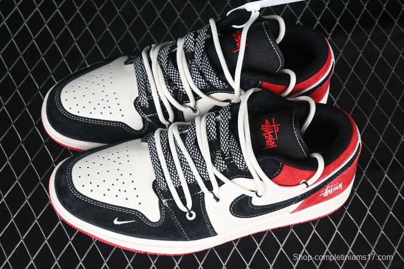 Nike Air Jordan 1 Low Stussy Collaboration - Black Red Custom High-End Retro Basketball Shoes - SJ9950-048