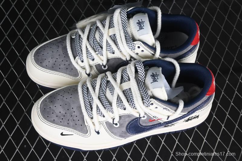 Nike SB Dunk Low Stussy Collaboration Anniversary Custom Low-Top Casual Sneakers with Strap in Beige Grey and Navy - YX5066-236
