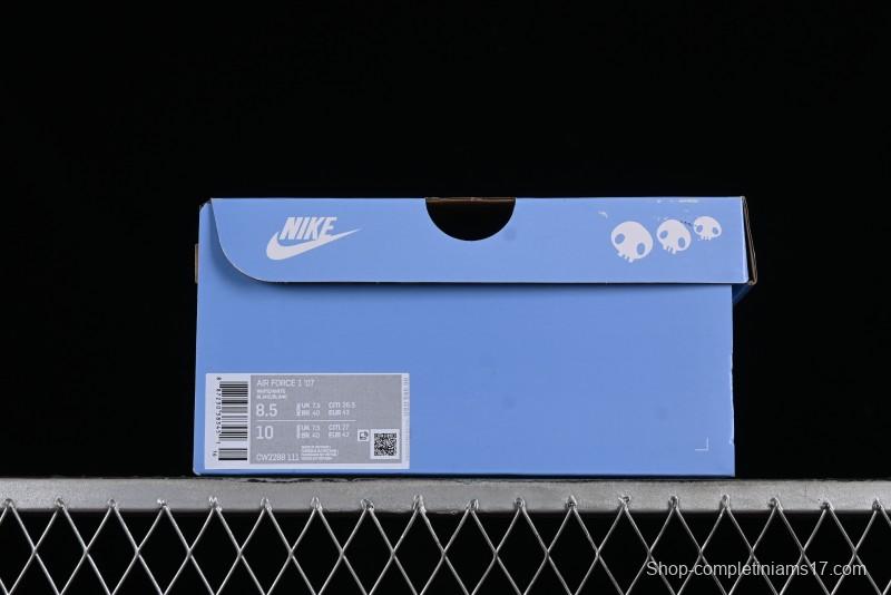 Nike Air Force 1 '07 Low Witch Collaboration Custom Leather Sneakers with Skull Design and Gradient White-Blue - CW2288-111