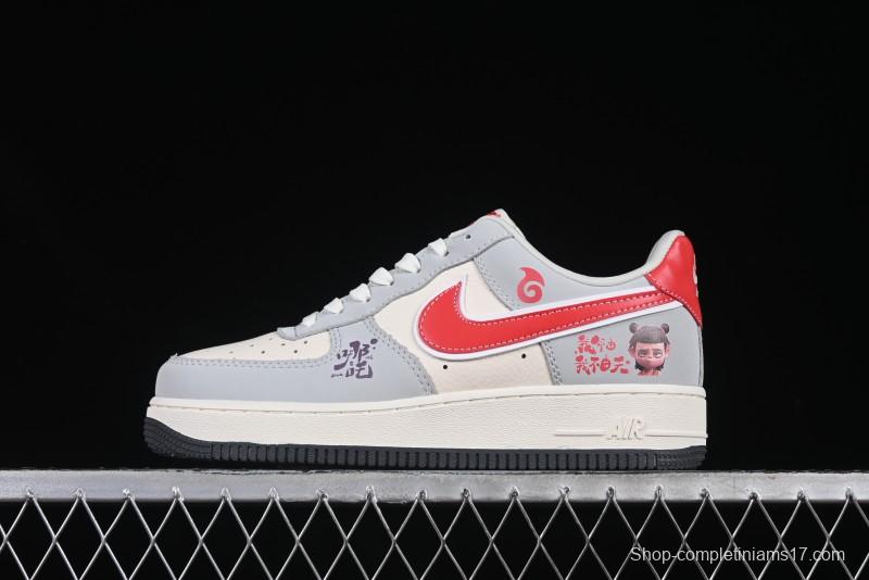 Nike Air Force 1 '07 Low Nezha Collaboration Grey Red Swoosh Casual Sneakers - DF0188-046