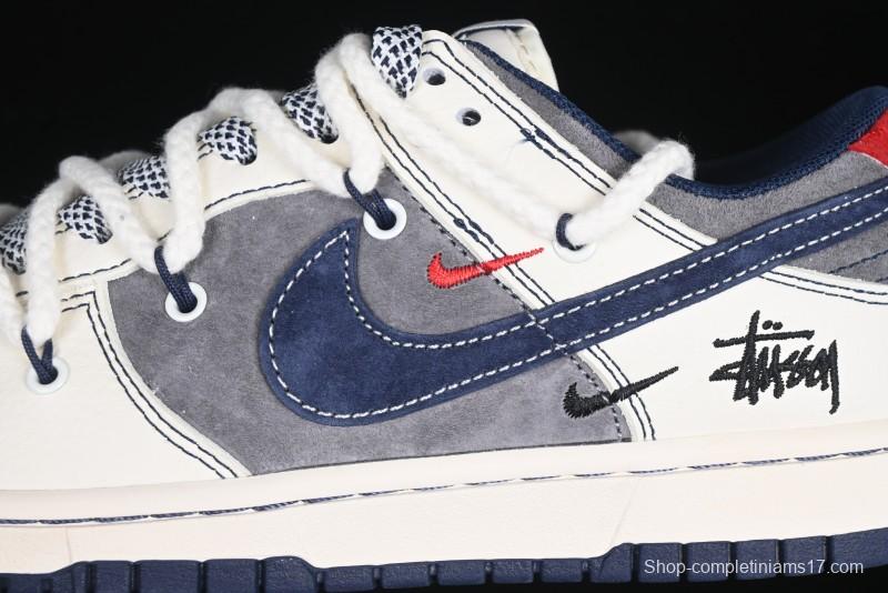 Nike SB Dunk Low Stussy Collaboration Anniversary Custom Low-Top Casual Sneakers with Strap in Beige Grey and Navy - YX5066-236