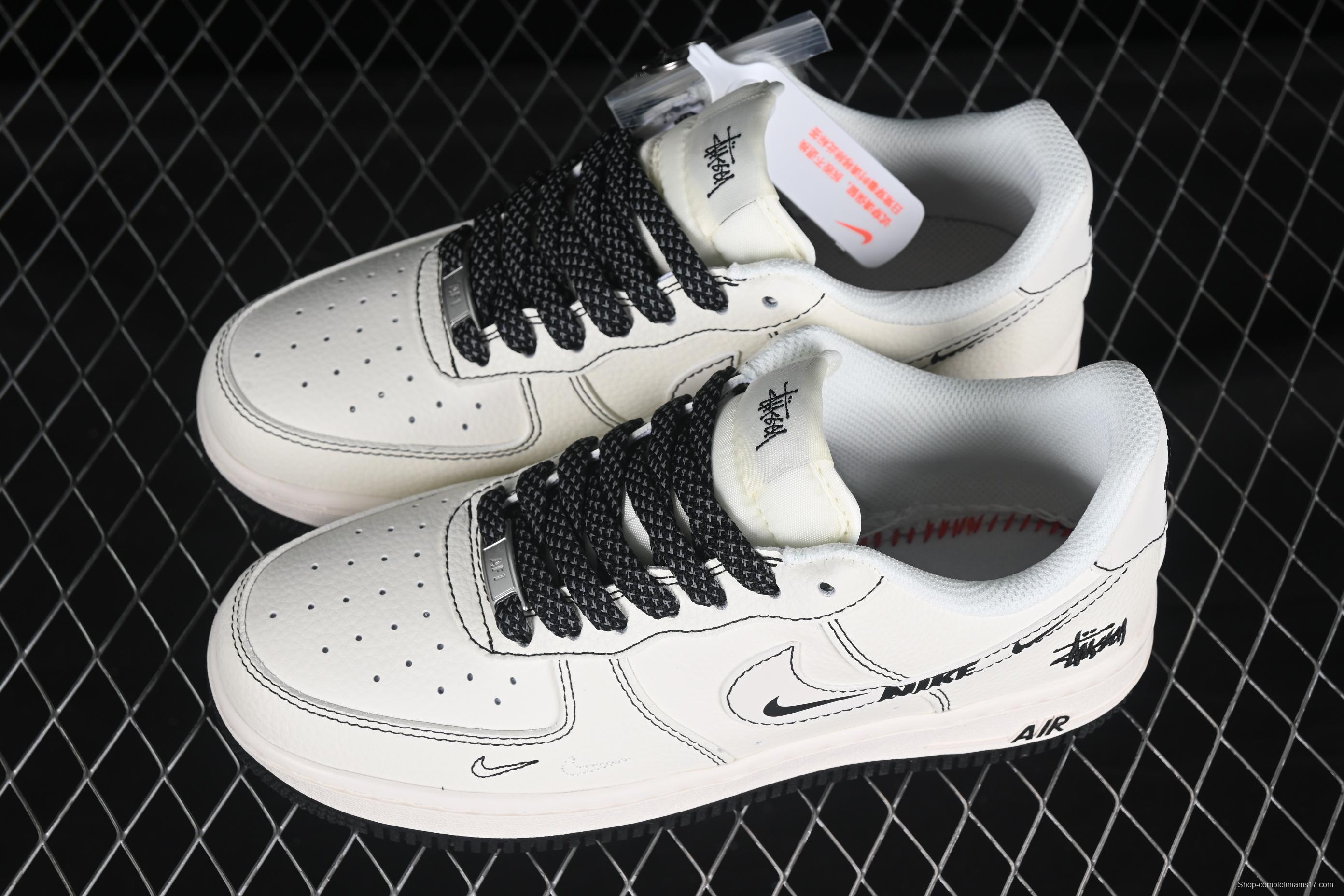 Nike Air Force 1 '07 Low Stussy Collaboration Black Swoosh Casual Sneakers - HH7518-062