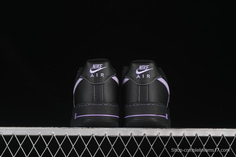 Nike Air Force 1'07 Low Casual Sneakers in Black with Purple Swoosh - HQ2037-001