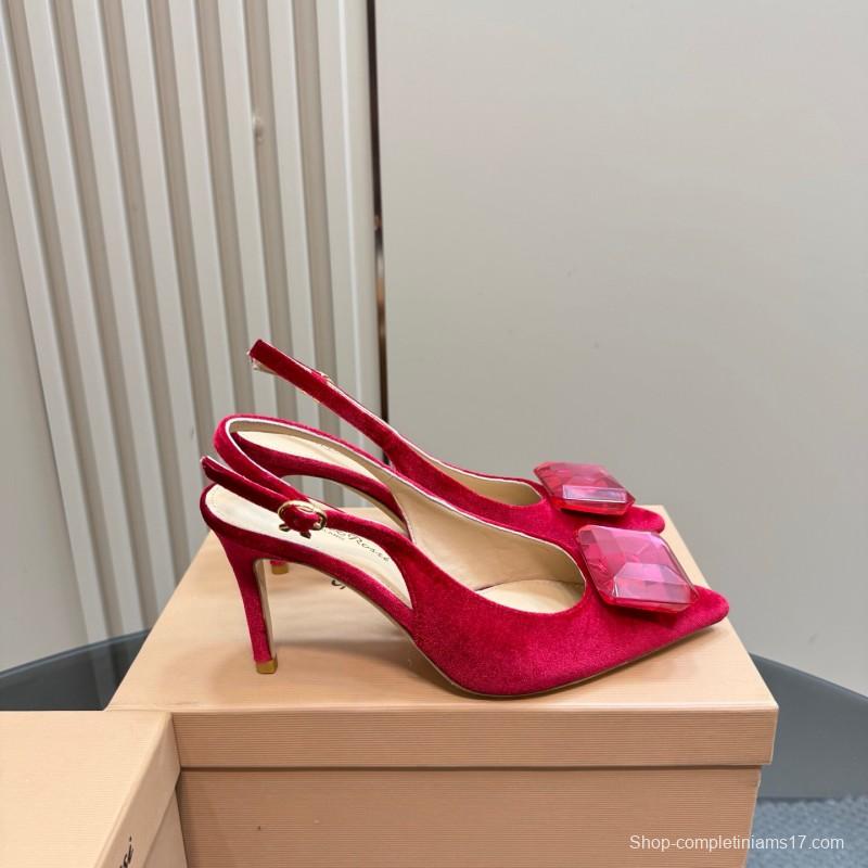 2025 Women Gianvito Rossi Red Velvet Slingback Pumps KFY00300