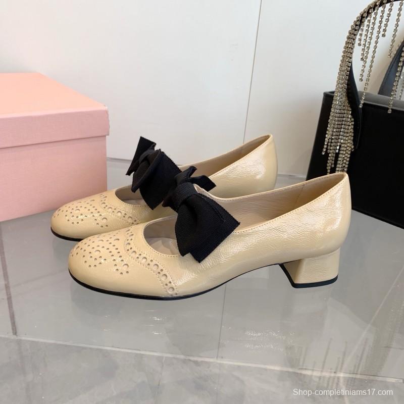 2025 Women Miu Miu Beige Black Leather Mary Jane Bow KFY00280