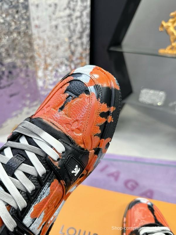 2024 Unisex Louis Vuitton Orange Black White Leather Denim Plimsolls Artist Hand-drawn MJ00780