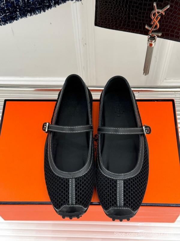 2025 Women Hermès Black Mesh Leather Mary Jane