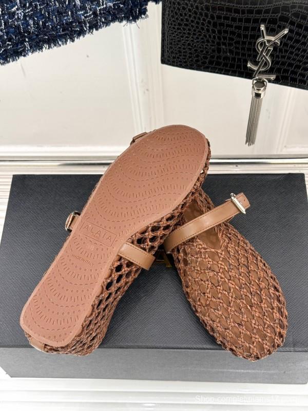 2025 Women AlAIA Brown Leather Woven Mary Jane Shoes