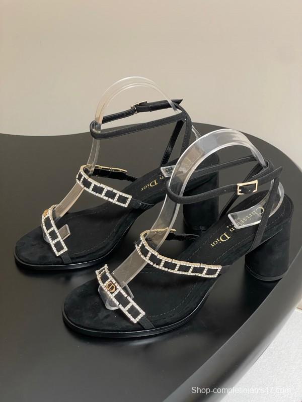 2025 Women Dior Black Suede Crystal Embellished Strap Sandals