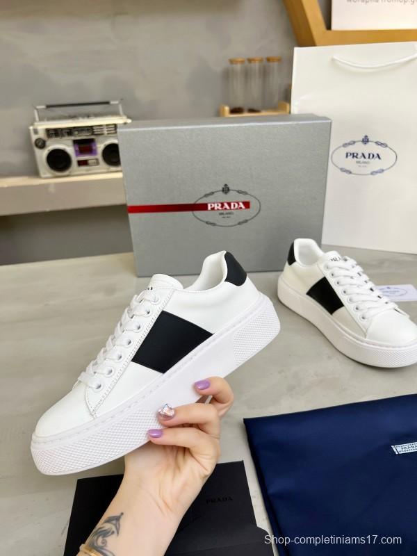 2024 Unisex Prada White Black Silk Calfskin Leather Sneakers MJ00310
