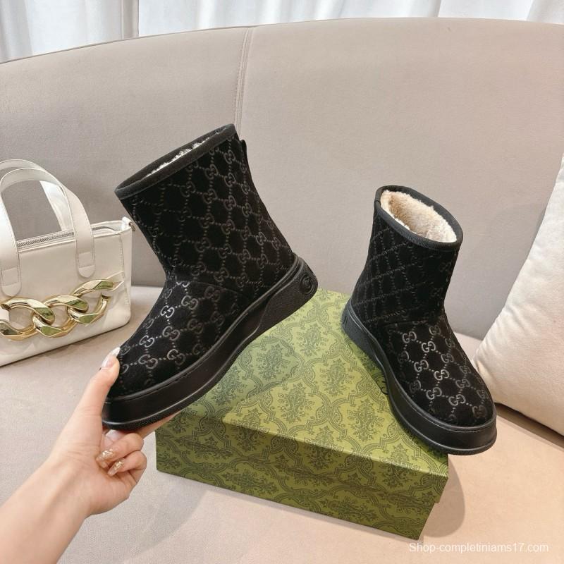 2024 Women Gucci Black Suede Shearling Snow Boots MJ00350
