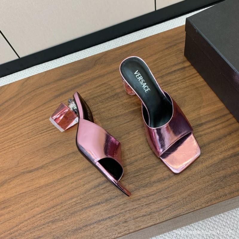 2025 Women VERSACE Pink Leather Slippers