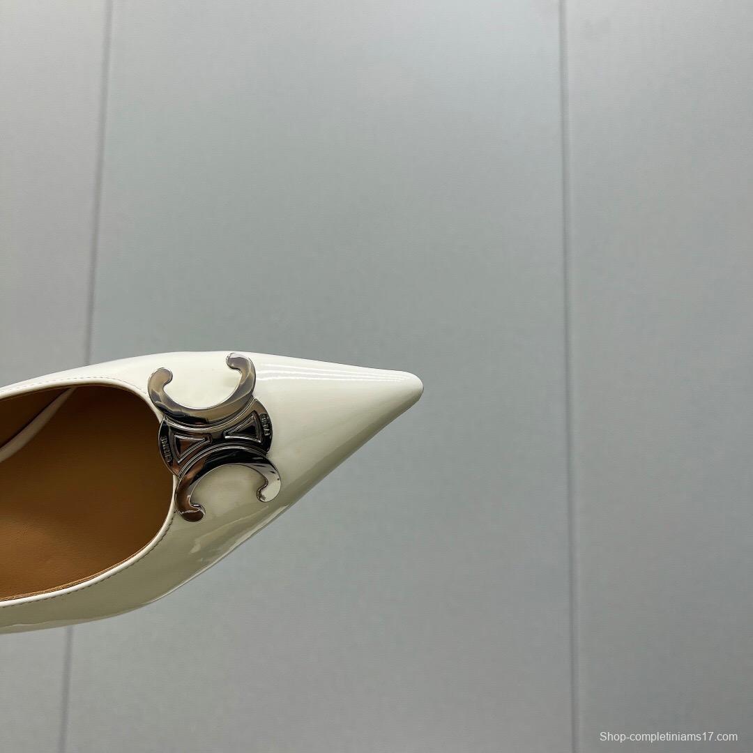 2025 Women Celine White Leather Pointed Toe Kitten Heel KFY00290