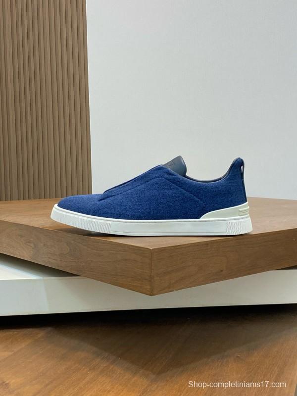 2024 Men Ermenegildo Zegna Blue Calfskin Pelletessuta Sneakers MJ00280