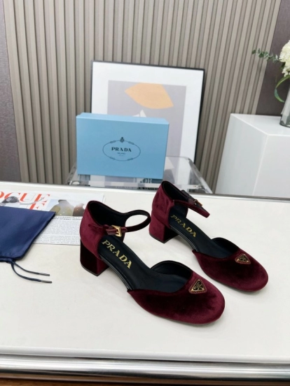 2025 Women Prada Burgundy Velvet Mary Jane Buckle KFY00270