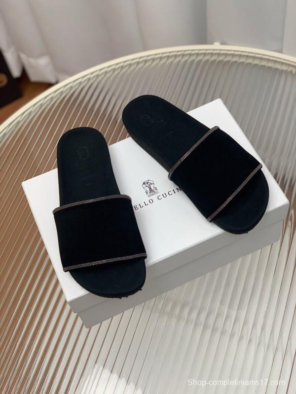 2025 Women BRUNELLO CUCINELLI Black Imported Suede Flat Sandals Handcrafted Beaded Chain Decoration KFY00240(F)