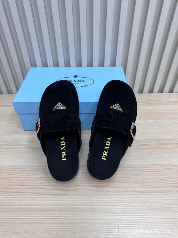 2025 Slippers Prada Black Suede Slippers LY00280