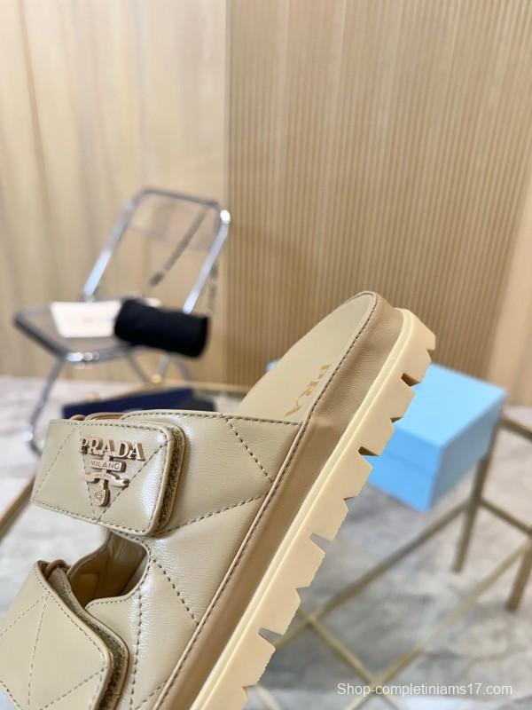 2025 Women Prada Beige Leather Sandals LY00270