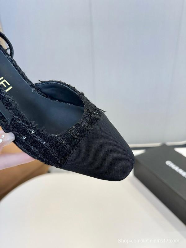 2025 Women Chanel Black Wool Leather Slingback Pumps
