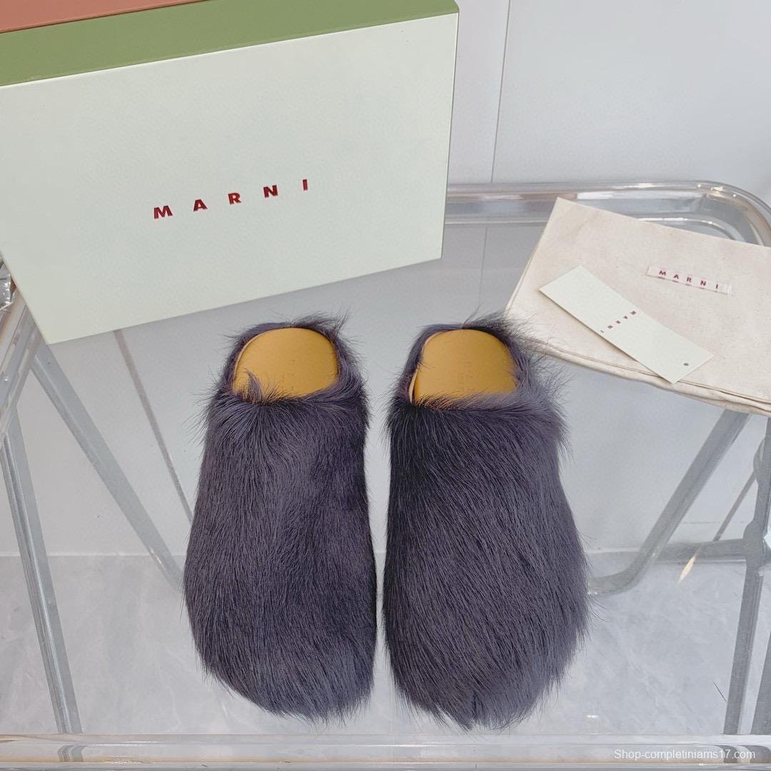 2024 Women Marni Gray Pony Hair Mules MJ00320