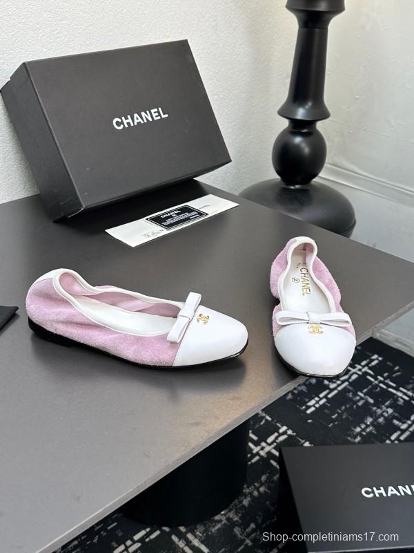 2025 Women CHANEL White Purple Leather Bow Ballet Flats Unisex LY00360(F)