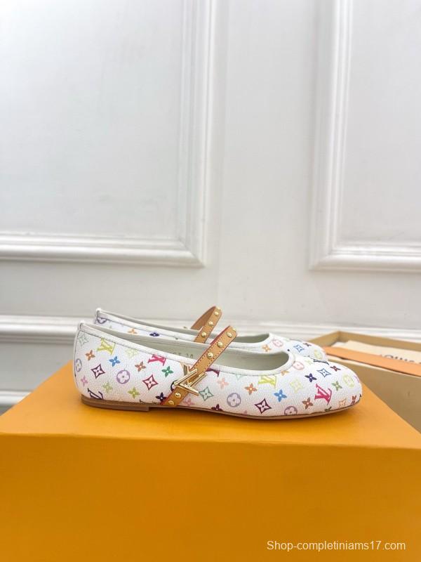 2025 Women Louis Vuitton White Multicolor Canvas Ballet Flat MJ00300