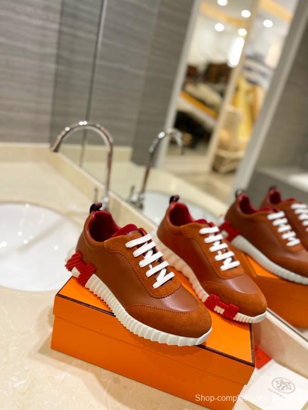 2024 Unisex Hermès Brown Red Imported Sheepskin Suede Silk Leather Casual Sneakers MJ00320