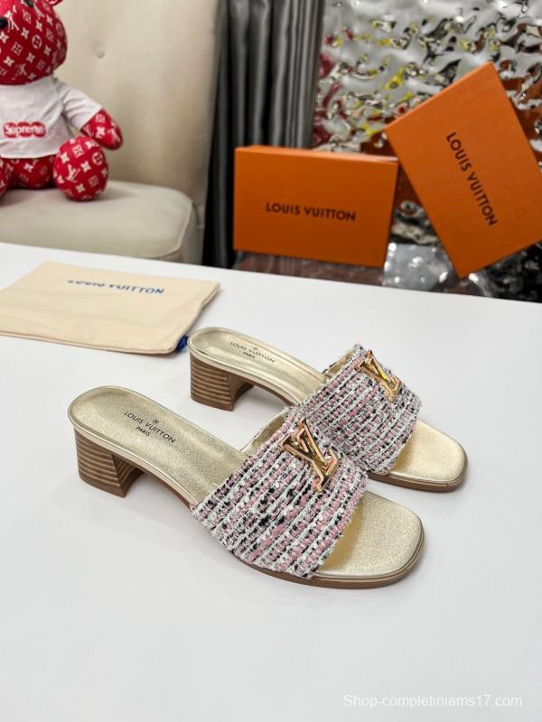 2025 Women Louis Vuitton Pink White Tweed Leather Heeled Mules LY00220