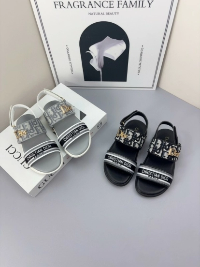2025 Kids Dior Gray Black Canvas Leather Sandals
